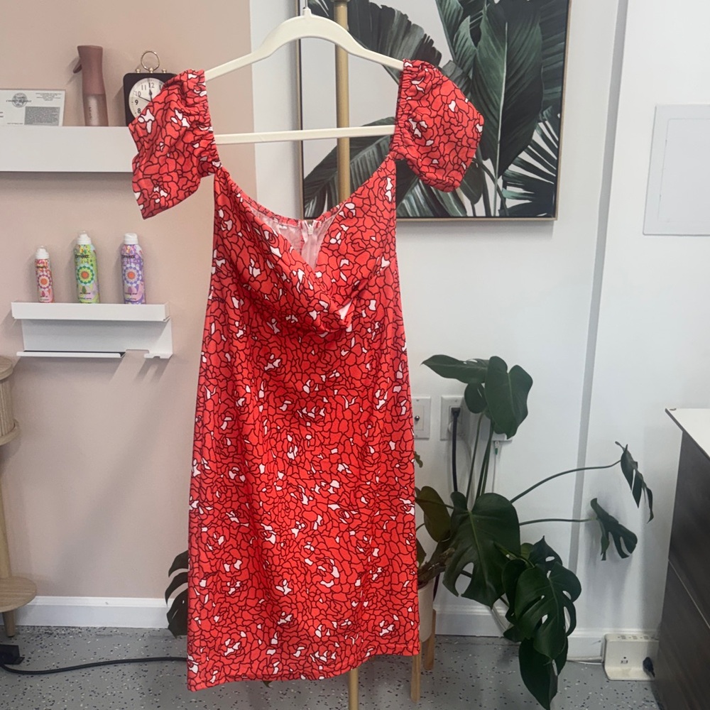 Red Floral Dress with Puff Sleeves